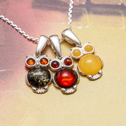 Srebrny naszyjnik SOWA naturalny BURSZTYN - pr 925