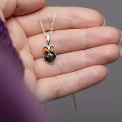 Srebrny naszyjnik SOWA naturalny BURSZTYN - pr 925